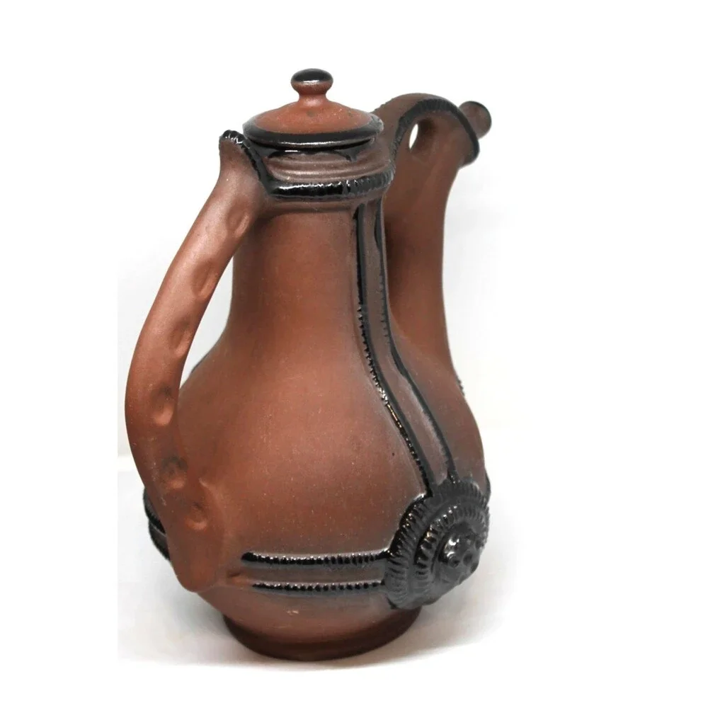 Bulgarian Clay Pottery Pitcher w/Sculptural Handle Decorative Elements 6 Mugs